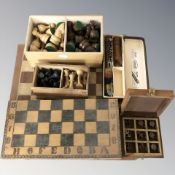 Two chess boards, turned boxwood chess set, a further modern set, German recorder in box.