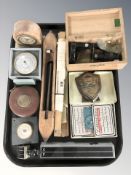 A small microscope, a Chesterman leather cased tape measure, bezique markers, barometer,