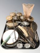 A group of faux tortoise shell dressing table items, Art Deco peach glass triangular section vase,