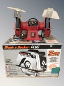 A Black & Decker Plus circular saw, in box, and a Power Devil bench grinder.