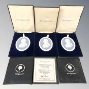 Three Wedgwood blue Jasperware medallions commemorating the marriage of Her Royal Highness Princess