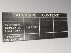 A painted explosive ordinance board, 155 cm x 63 cm.