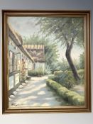 F Hjorth : a thatched cottage garden, oil on canvas,