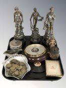 A circular barometer, group of gaming tokens, metal Yorkshire penny bank, a further money box,