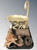 Two modern monkey ornaments, a wooden lamp base, further Michael Dredge wooden sculpture of a bird,