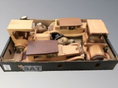 A group of hand made wooden models of classic cars, a further teddy bear figure,