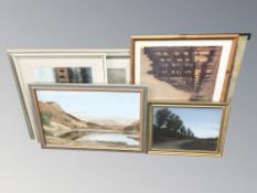 Six various pictures and prints including an H N Almond lakeland scene oil on canvas landscape,