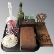 A walnut fretwork book slide, a further mahogany table box, a Georgian mahogany caddy,