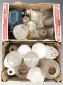 A group of antique glass light shades including coloured, frosted and etched examples.
