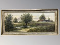 20th century school : a rural stream and thatched cottages, oil on canvas,