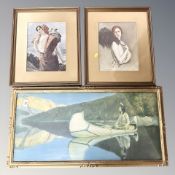 A colour print depicting a Native American in decorative gilt frame, 83 cm x 42 cm overall,