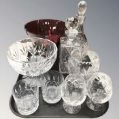 A Dartington ruby glass bowl, together with two crystal decanters, pair of tumblers,