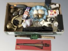 Miscellaneous items including fragrances, metal wares, sword letter opener,