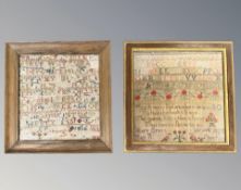 Two 19th century alphabet samplers, one signed 'Mary Gray's Work, May 11, Stockton',