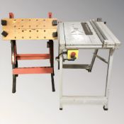 A Wolfcraft folding work bench and a further work bench.