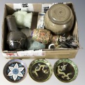 A group of Japanese / Chinese items including cloisonne vase, polished hardstone bonsai tree in pot,