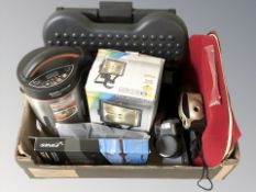 Various household items including footrest, Morphy Richards soup maker, Estee Lauder bag,