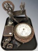 A carved oak cased circular barometer signed 'G F Berry, Hartlepool', a miniature spinning wheel,