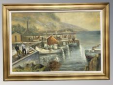20th century school : fishermen unloading in a harbour, oil on canvas,