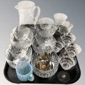 A crystal water jug, various drinking glasses and bowls, paperweight, etc.