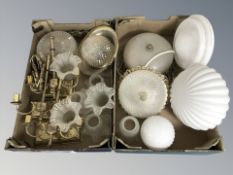 Circa 1970's lightshades and fixtures, brass wall sconces, various frosted glass shades, etc.