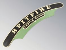 A reproduction plywood railway engine nameplate 'Spitfire', width 158 cm.