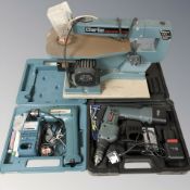 A Clarke woodworker 400mm scroll saw, together with a Pro Line drill and a Makita drill, in boxes.