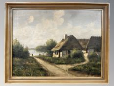 20th century school : study of thatched cottages, oil on canvas,