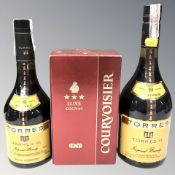A bottle of Courvoisier Luxe cognac, 50cl, in carton, and two bottles of Torres 10 Imperial brandy,