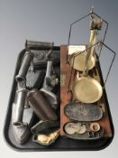 A group of irons, a leather cigar case, a Meerschaum pipe in the form of a hand clasping a goblet,