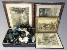 A group of pottery, animal ornaments, further figurines, crystal items, several pictures.
