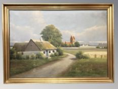 20th century school : thatched cottage with fields beyond, oil on canvas,