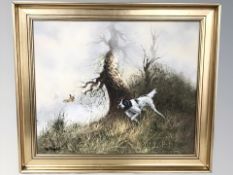 20th Century School : A pointer pursuing birds through brush, oil on canvas, 50 cm x 60 cm.