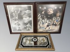 A Newcastle United gilt framed picture mirror and two further pictures,
