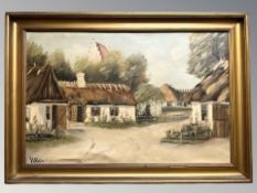 V Holm : thatched cottages in a village, oil on canvas,