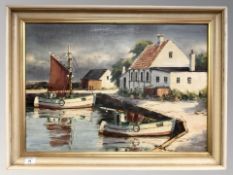 Louis Bendsen : Fishing boats in a dock, oil on canvas, 67 cm x 47 cm.