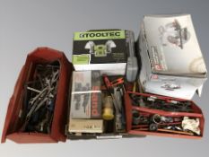 A boxed Performance circular saw, toolbox and contents, Tooltech bench grinder,
