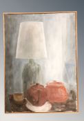 20th Century School : Still life of table lamp and pottery, oil on canvas, 94 cm x 66 cm.