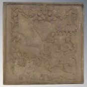 A 19th century cast iron fire back, 60 cm x 60 cm.