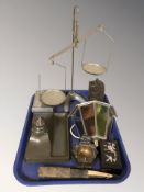 A pewter desk stand, scale, trinket box, stained and leaded glass wall light, two cutthroat razors,