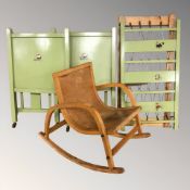 A child's bentwood rocking chair, height 48 cm, and a bed frame.