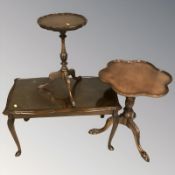 Two reproduction mahogany wine tables and a further coffee table