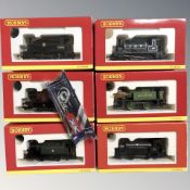 Six boxed Hornby OO gauge locomotives (as illustrated) a Corgi diamond jubilee souvenir keyring and