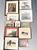 A group of pictures and prints including 19th century hand coloured engravings,