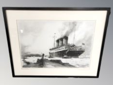 After Frank Mason : Cunard White Star RMS Berengaria, monochrome engraving,
