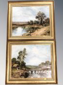 20th Century School : Two oil on board studies depicting figures walking along riverside paths,