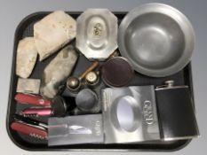A group of Swiss army knives, geology specimens, hip flasks, pewter trinket box, bottle coaster,