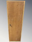 A 20th century oak single door cabinet with shelved interior, 40 cm W x 17 cm D x 133 cm H.