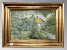 Thoger Larsen : Farmhouse behind trees, oil on canvas, 62 cm x 40 cm.