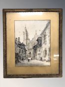 Early 20th century continental school : Figures in a street with cathedral beyond, watercolour,